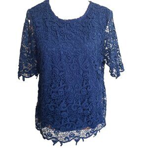 Philosophy Top Women's Medium Stretch Lined Full Lace Blouse Blue Button Closure